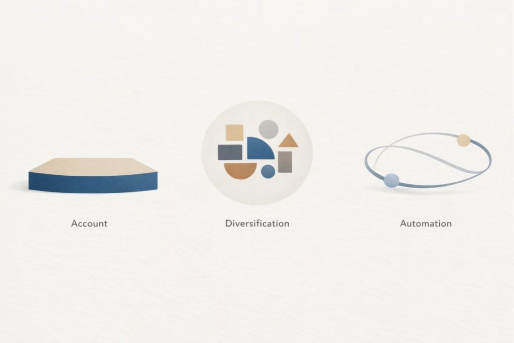Visual infographic showing three core foundations for long-term investing: choosing the right account structure, diversifying broadly, and automating consistent contributions.