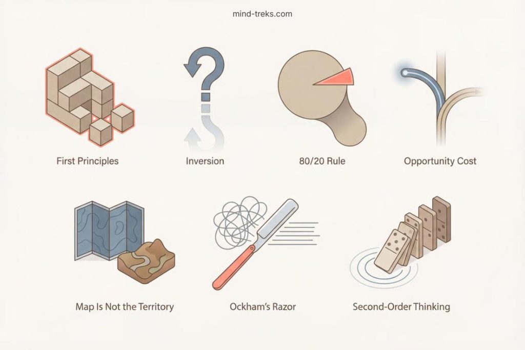 Minimalist illustration showing seven core mental models for clearer everyday decision-making, including first principles, inversion, the 80/20 rule, opportunity cost, and cause-and-effect thinking.