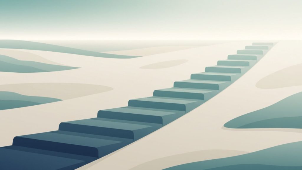 A minimalist illustration of a gentle upward path made of geometric steps, symbolizing patient long-term investing without predictions.