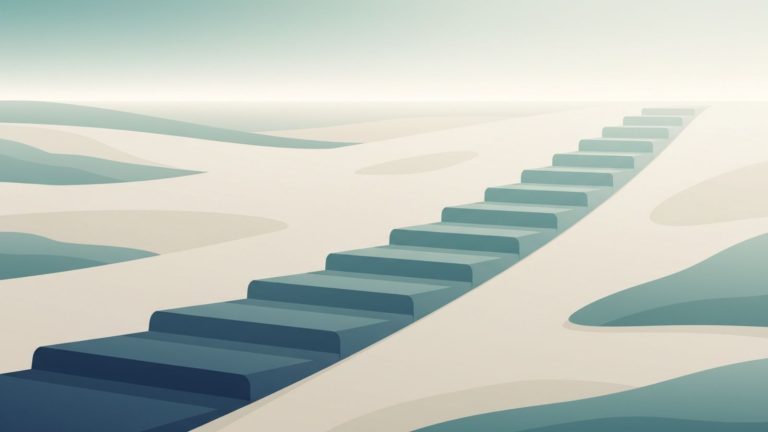 A minimalist illustration of a gentle upward path made of geometric steps, symbolizing patient long-term investing without predictions.