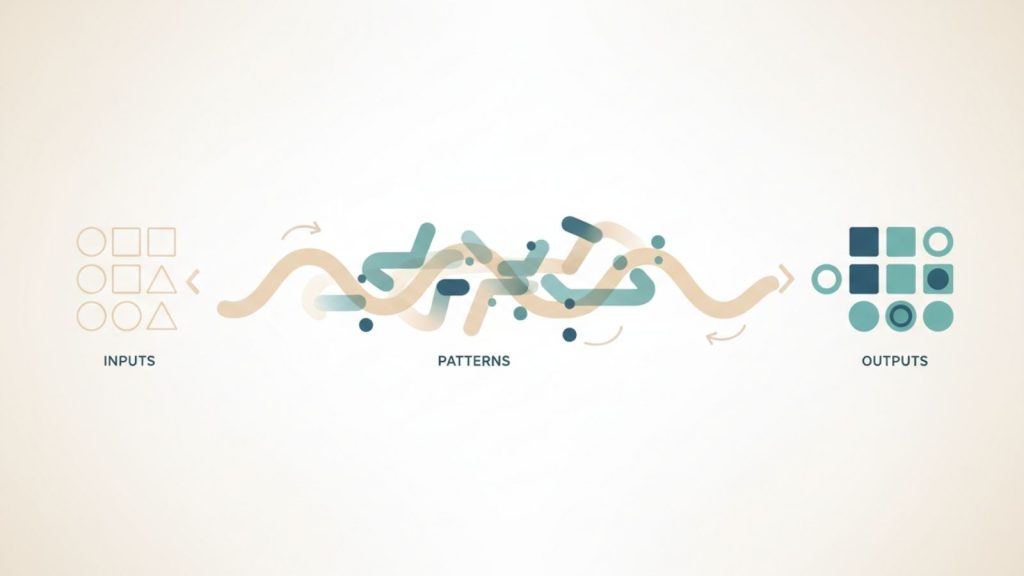 A minimalist illustration of simple geometric shapes flowing along a clear path, symbolizing how AI processes information in an understandable way.