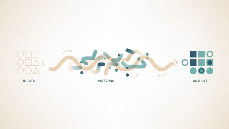 A minimalist illustration of simple geometric shapes flowing along a clear path, symbolizing how AI processes information in an understandable way.