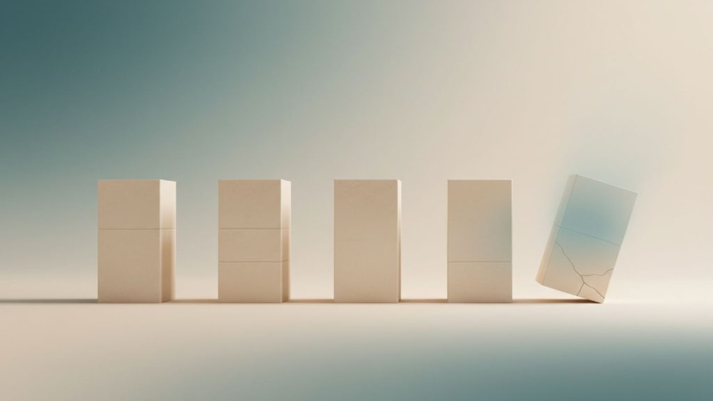 A minimalist illustration of geometric pillars with one subtly fading or misaligned, symbolizing the quiet weakening of democratic institutions.