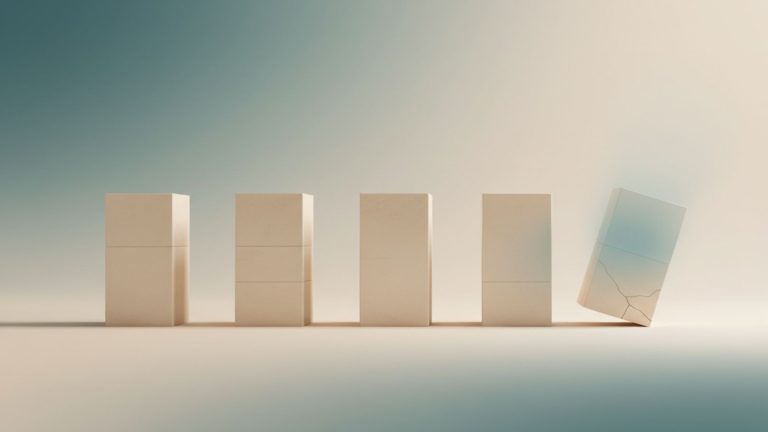 A minimalist illustration of geometric pillars with one subtly fading or misaligned, symbolizing the quiet weakening of democratic institutions.