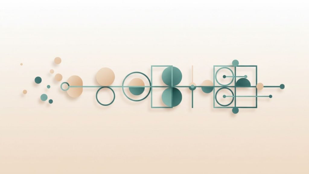 A minimalist illustration of simple geometric shapes gradually organizing into a clear structure, symbolizing mental models for everyday decisions.