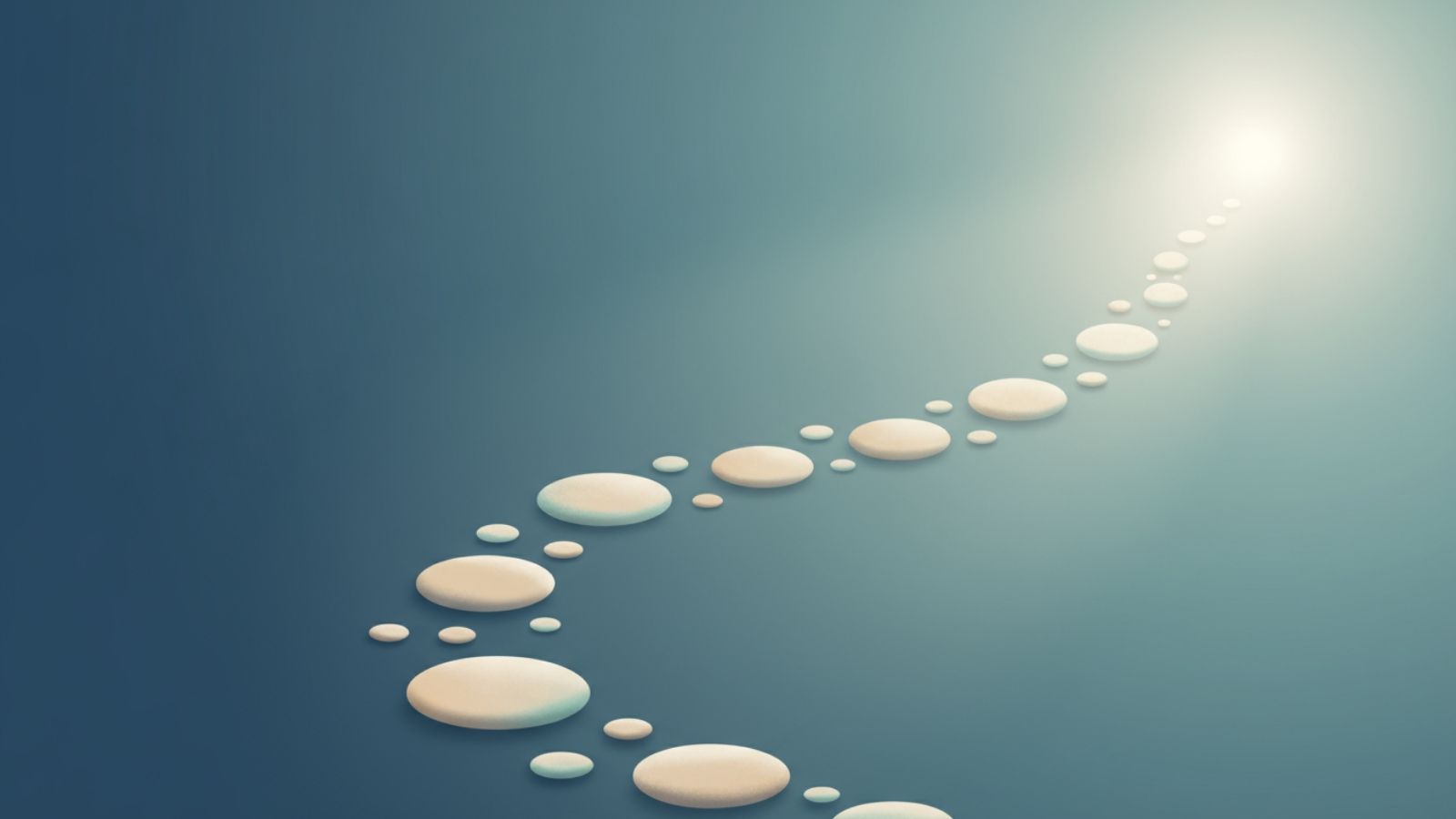 A calm minimalist illustration of stepping stones leading toward soft light, symbolizing gentle, sustainable psychology-based weight loss.