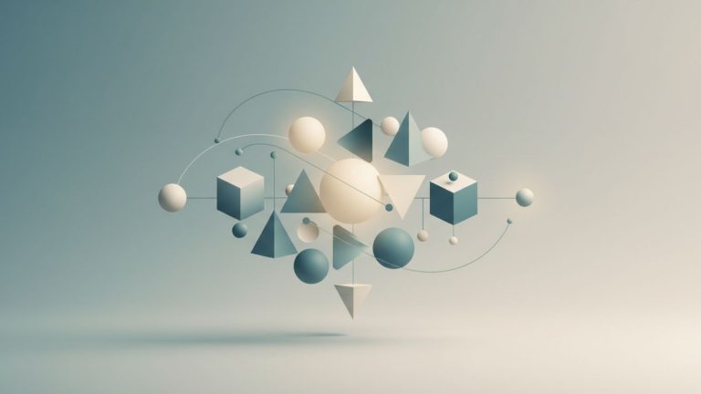 A minimalist illustration of balanced interconnected geometric shapes, symbolizing the human skills that matter in an AI-shaped job market.