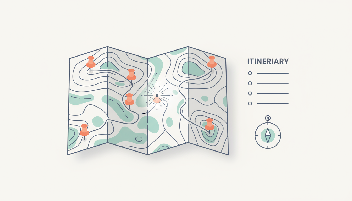 Minimal travel map with teal routes and coral pins representing AI-powered itinerary planning.