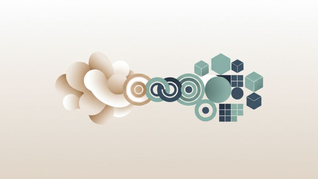 A minimalist illustration of human-like and algorithmic geometric shapes intersecting in balance, symbolizing using AI tools while retaining your own thinking skills.