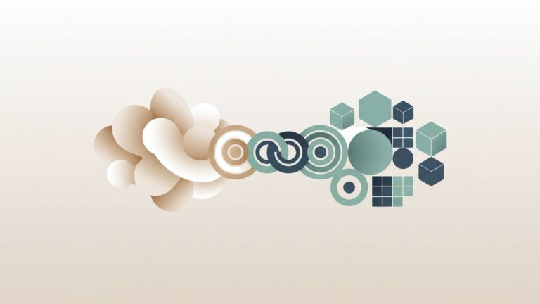 A minimalist illustration of human-like and algorithmic geometric shapes intersecting in balance, symbolizing using AI tools while retaining your own thinking skills.