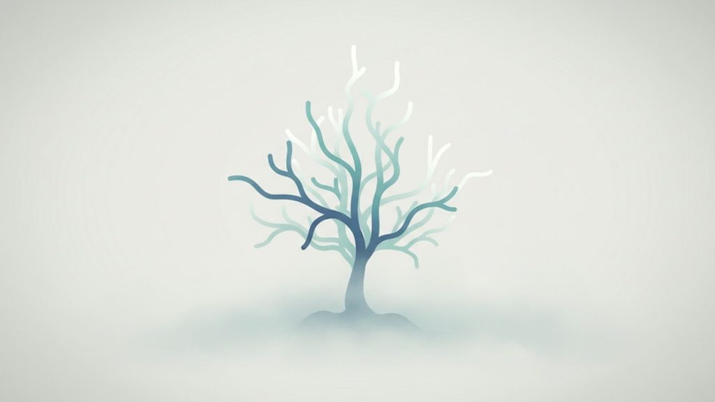 A minimalist illustration of a branching path emerging from soft fog, symbolizing how clarity gradually forms when navigating uncertainty.