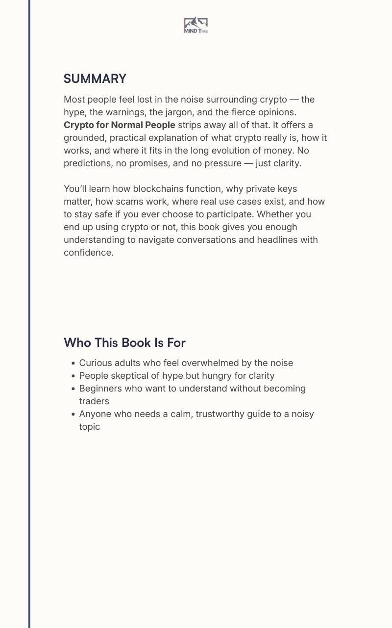 Back cover of “Crypto for Normal People” calm crypto guide with summary and who it’s for