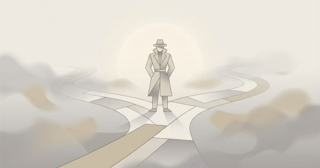 Person standing at a foggy forked path, symbolizing the hidden costs of avoiding decisions.