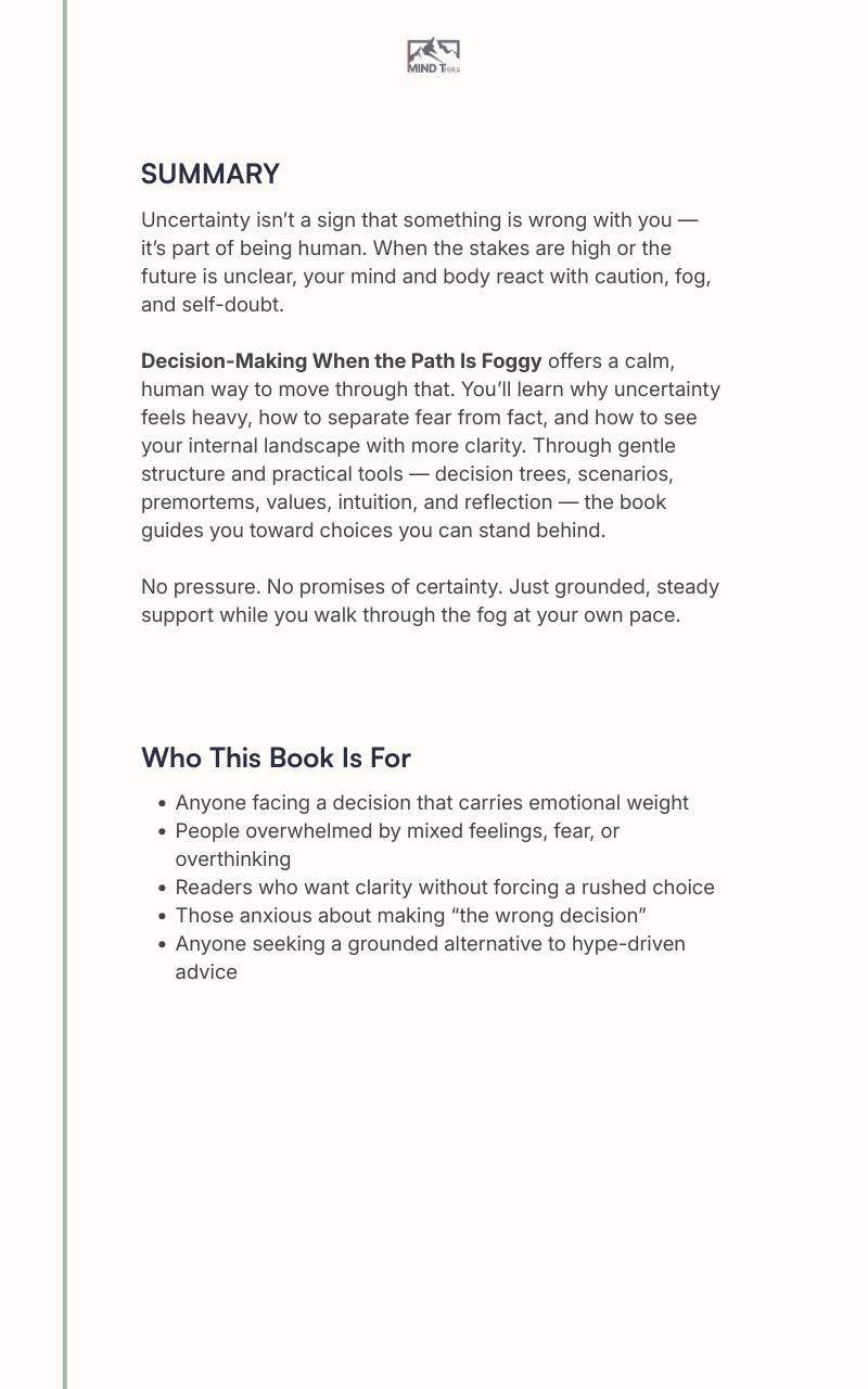 Back cover of “Decision-Making When the Path Is Foggy” decision-making ebook with summary and who it’s for