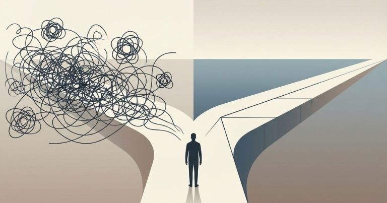 Illustration of a person standing at a forked path, with one side chaotic and tangled and the other clear and structured, symbolizing the difference between overthinking and thoughtful analysis.
