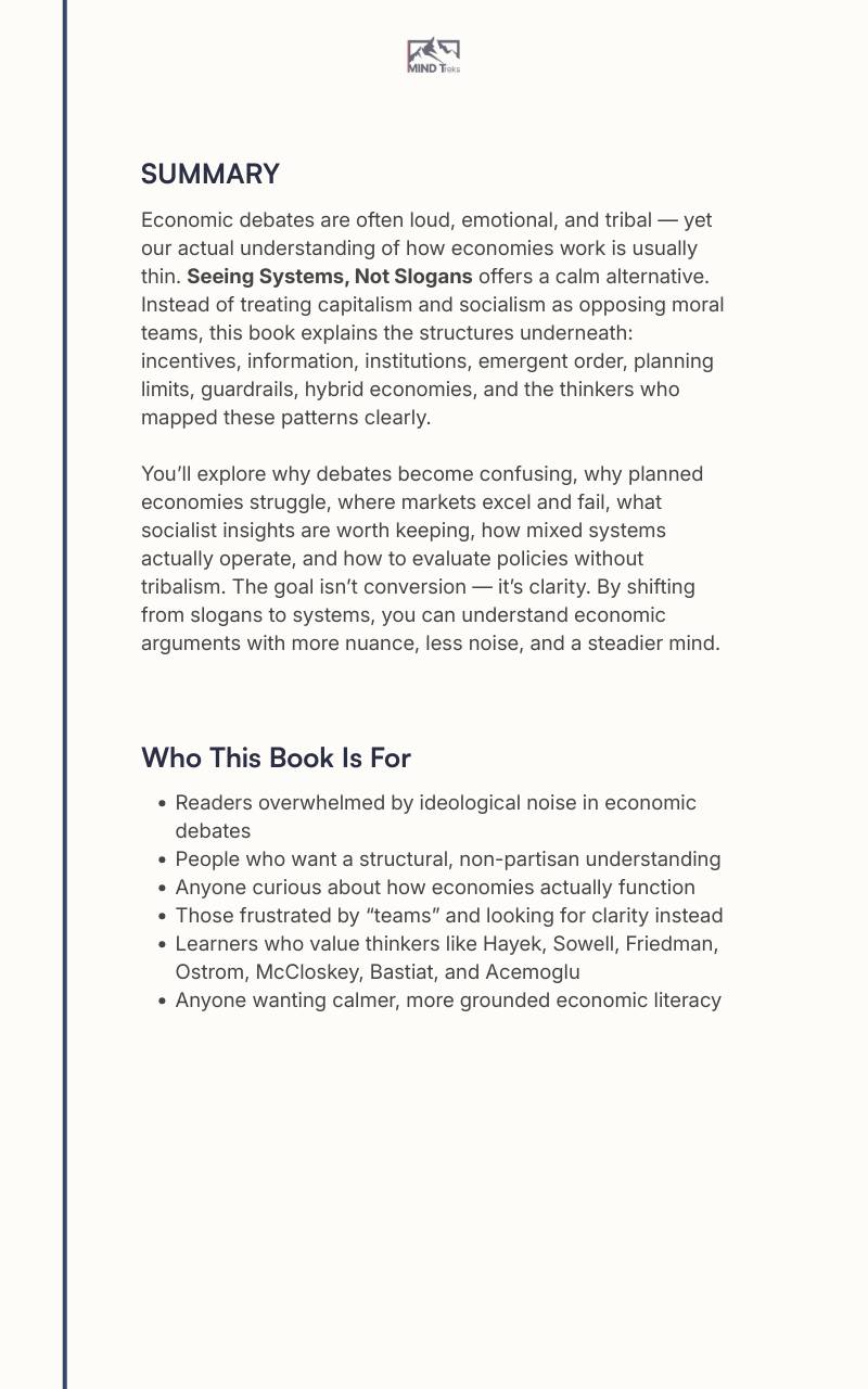 Back cover of “Seeing Systems, Not Slogans” Mind Treks economics ebook with summary and who it’s for.