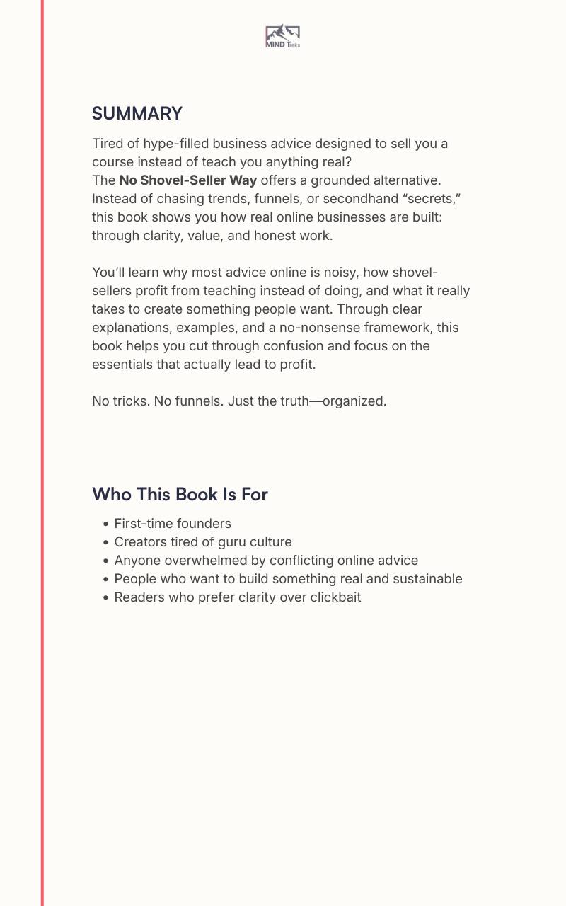 Back cover of the No Shovel-Seller online business ebook