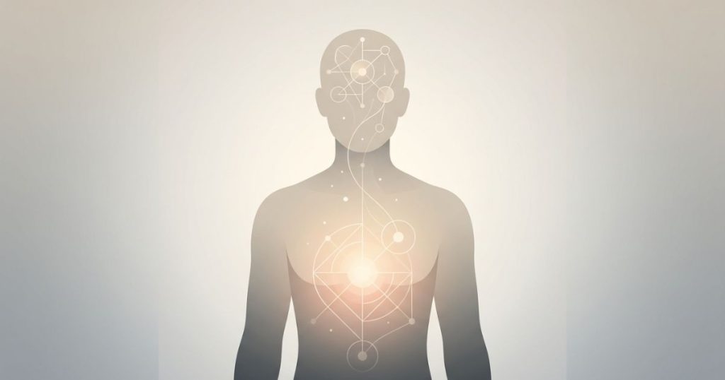 Minimalist illustration of a human silhouette with geometric patterns rising from the gut to the mind, symbolizing intuition as subconscious pattern recognition.