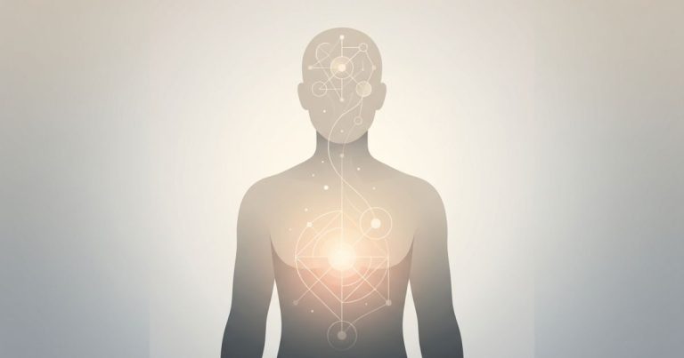 Minimalist illustration of a human silhouette with geometric patterns rising from the gut to the mind, symbolizing intuition as subconscious pattern recognition.