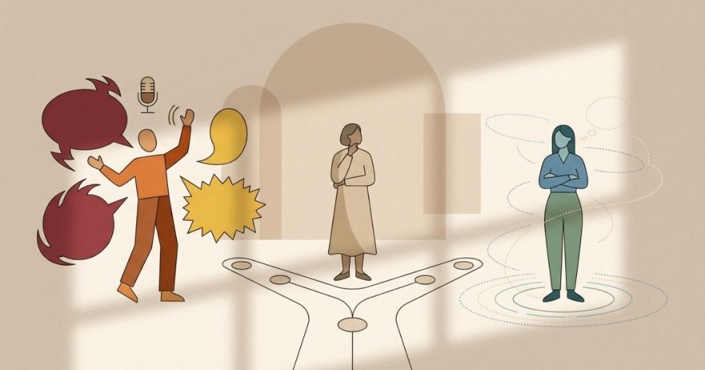 Illustration of a person at a crossroads receiving advice from a loud, confident figure and a calm, thoughtful figure, symbolizing how to evaluate guidance and distinguish real expertise