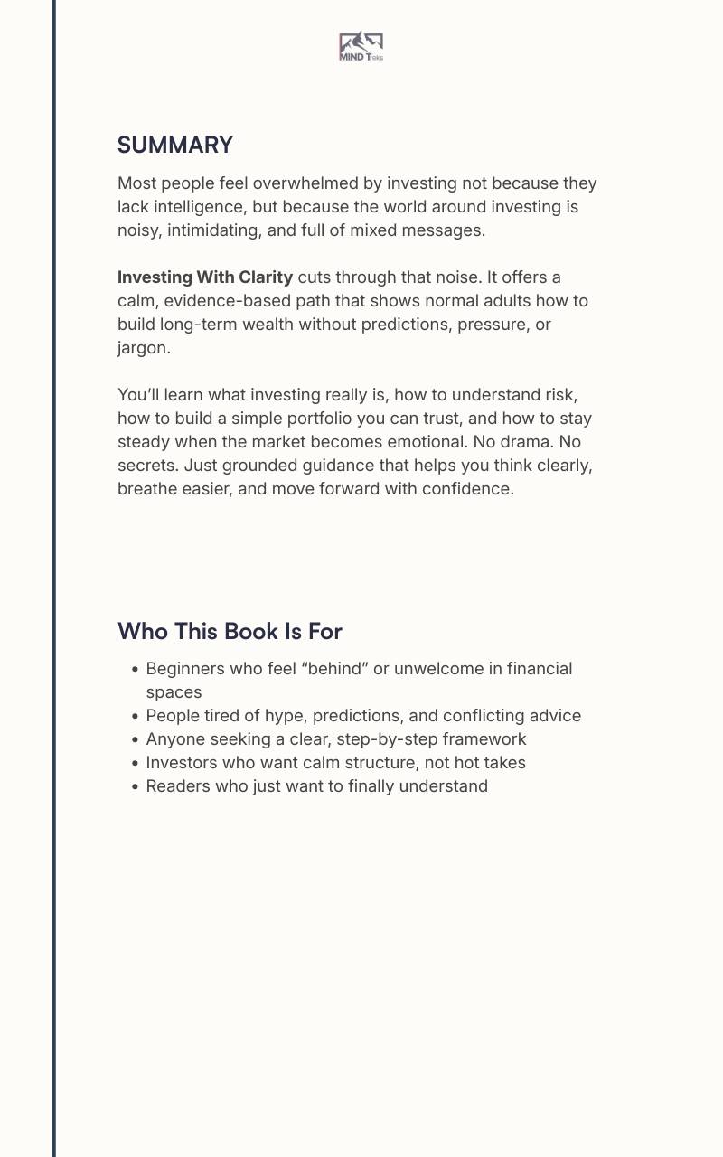 Back cover of “Investing With Clarity” long-term investing ebook with summary and who it’s for