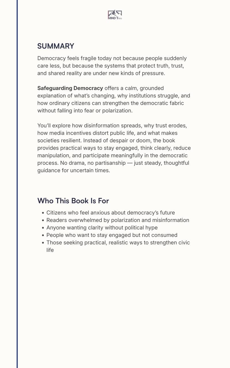 Back cover of “Safeguarding Democracy in the Modern West” ebook with summary and who it’s for