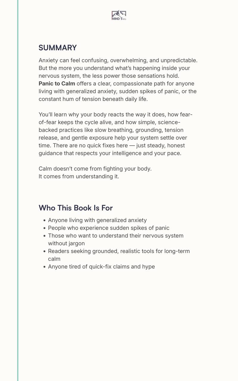 Back cover of “Panic to Calm” anxiety and panic guide with summary and who it’s for