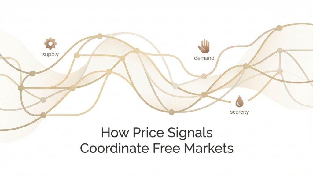 A minimalist systems map illustrating how price signals coordinate behavior in free markets, with interconnected nodes and subtle economic icons.