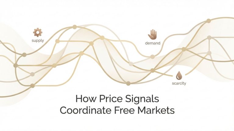 A minimalist systems map illustrating how price signals coordinate behavior in free markets, with interconnected nodes and subtle economic icons.