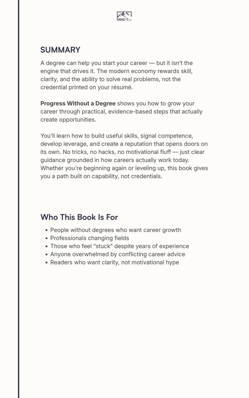 Back cover of “Progress Without a Degree” career progression ebook with summary and who it’s for