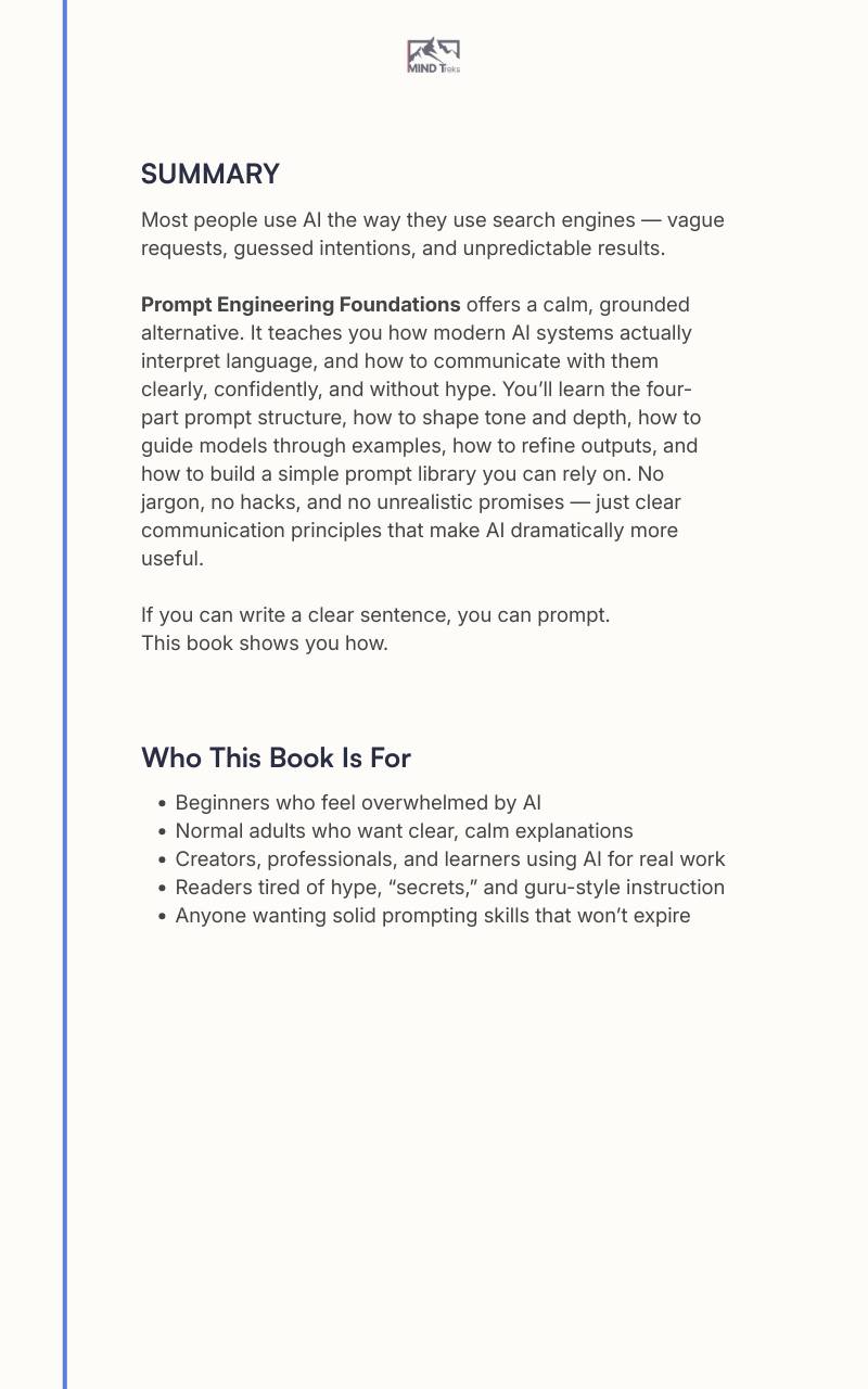 Back cover of “Prompt Engineering Foundations” AI prompting ebook with summary and who it’s for