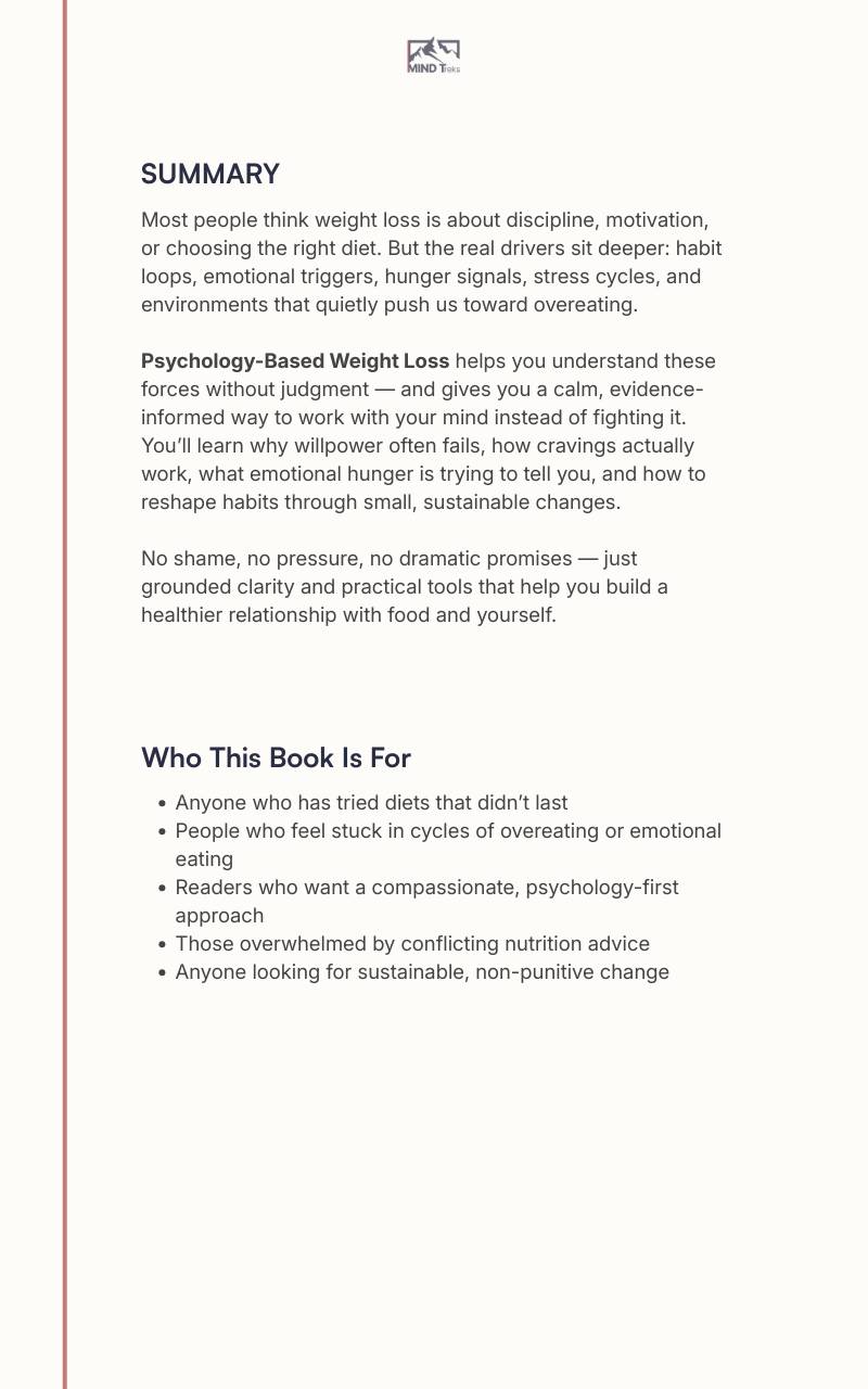 Back cover of “Psychology-Based Weight Loss” habits and mindset weight loss ebook with summary and who it’s for
