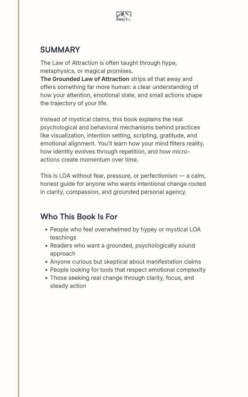 Back cover of “The Grounded Law of Attraction” ebook with summary, key themes, and who it’s for