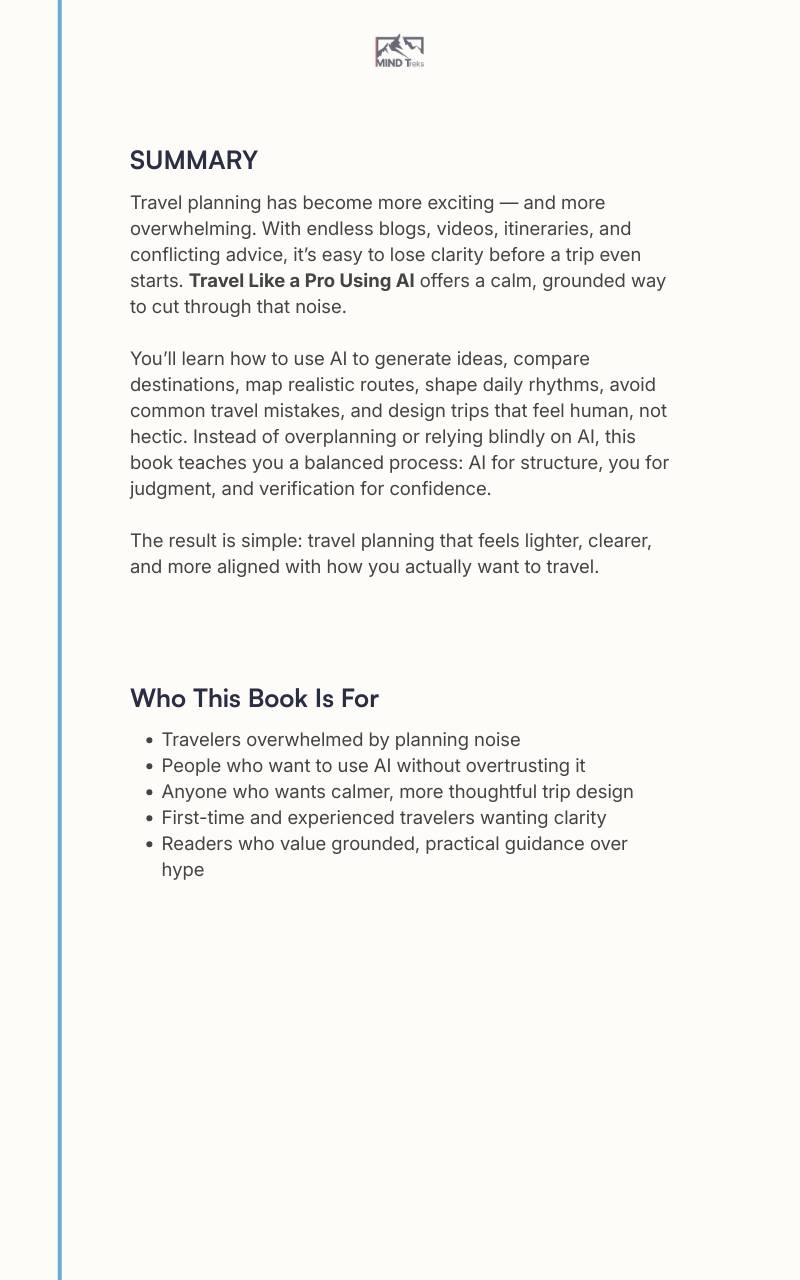 Back cover of “Travel Like a Pro Using AI” ebook with summary and who it’s for