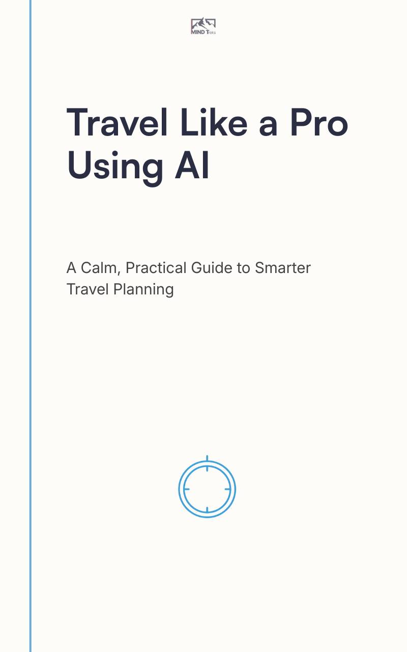 Front cover of “Travel Like a Pro Using AI: A Calm, Practical System for Smarter, Faster Travel Planning” Mind Treks ebook
