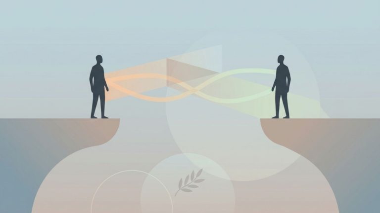 Minimalist conceptual illustration showing two human silhouettes on separate platforms connected by soft lines, symbolizing why good people disagree and the psychology behind moral conflict.