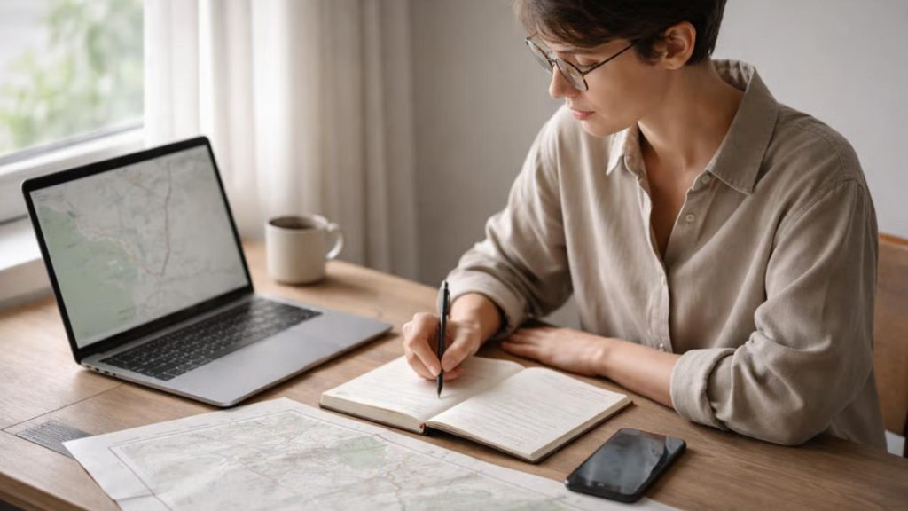 A thoughtful traveler reviewing an AI-generated travel plan alongside a paper map, showing how to use AI for travel research without relying on guesses.
