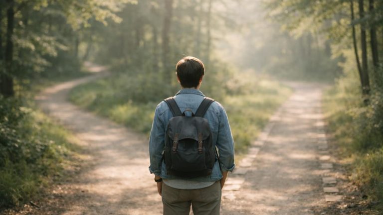 Illustration of a person calmly deciding between two peaceful therapy paths, symbolizing the choice between BetterHelp and Online-Therapy.com