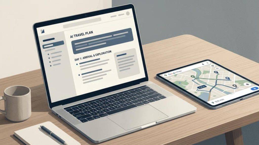 Illustration showing an AI-generated travel itinerary alongside a mapped route in Google Maps, highlighting how maps help verify and improve AI travel plans.