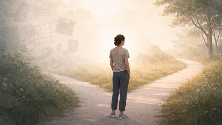 A calm, conceptual illustration showing a person choosing identity-based change over rigid diet plans, representing a psychology-driven approach to sustainable weight loss.