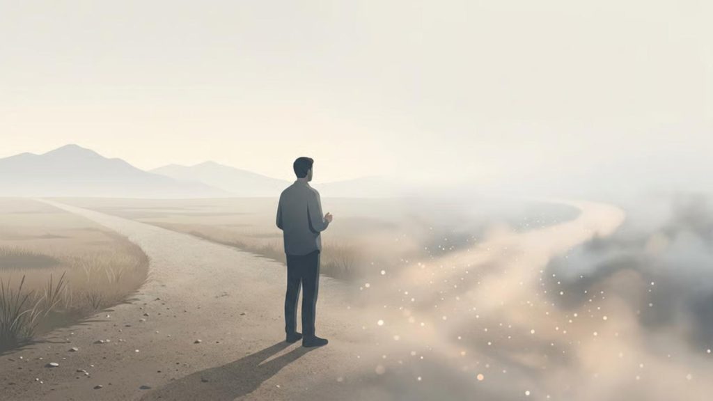 A thoughtful illustration showing a person choosing between a grounded, realistic path and a vague, uncertain one, symbolizing what the Law of Attraction gets right and where it often goes wrong.