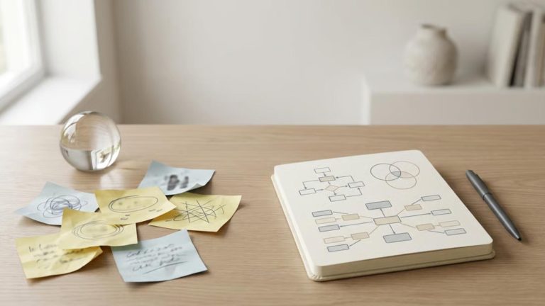 A minimalist desk scene showing the contrast between vague thinking and structured clarity, representing a grounded, psychology-based explanation of the Law of Attraction without spiritual bypass.