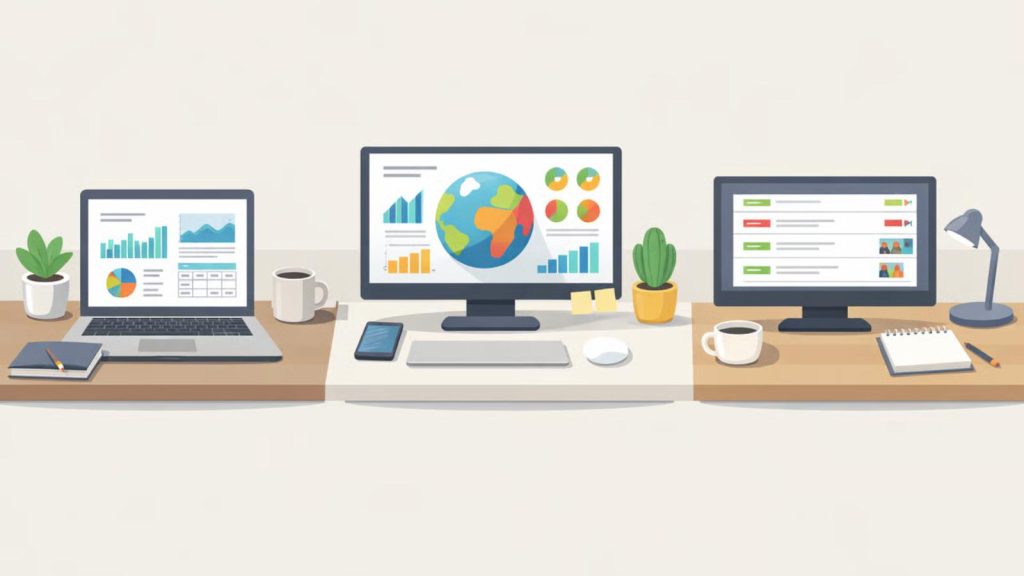 Illustration comparing Morningstar, Simply Wall St, and Seeking Alpha — showing three distinct investing dashboards in a calm, structured layout.