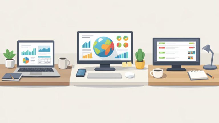 Illustration comparing Morningstar, Simply Wall St, and Seeking Alpha — showing three distinct investing dashboards in a calm, structured layout.