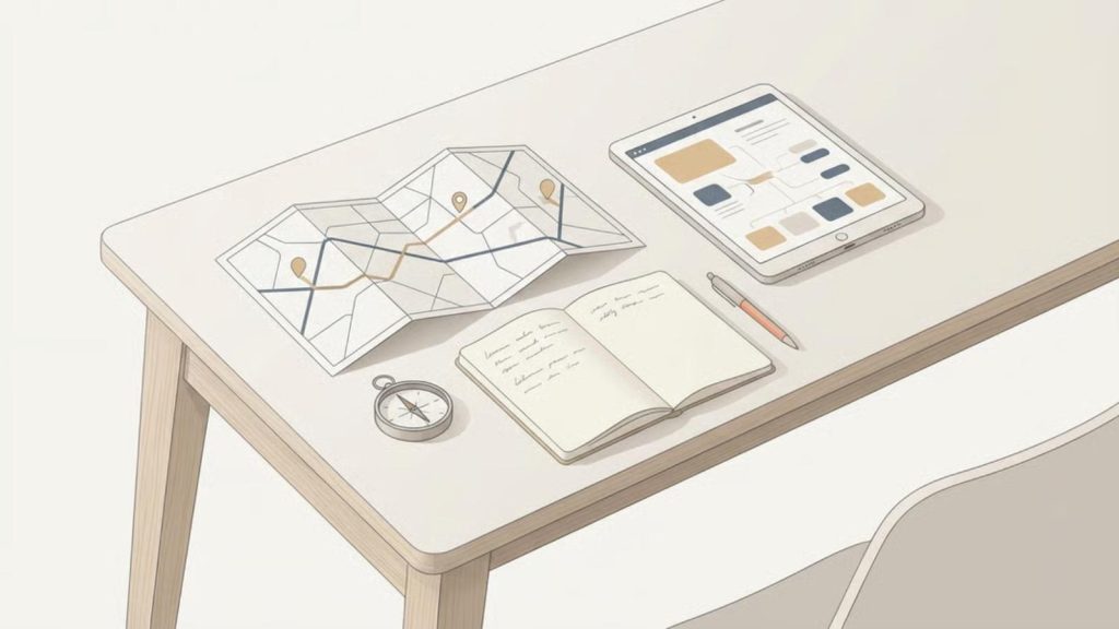 Calm editorial illustration of a desk with a map, notebook, compass, and tablet, showing a clear, structured approach to planning trips with AI.