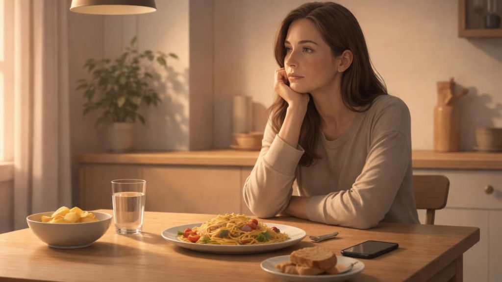 A calm, reflective scene illustrating the psychology of eating when not hungry, showing a person sitting thoughtfully at a table with food in a quiet, non-judgmental setting.
