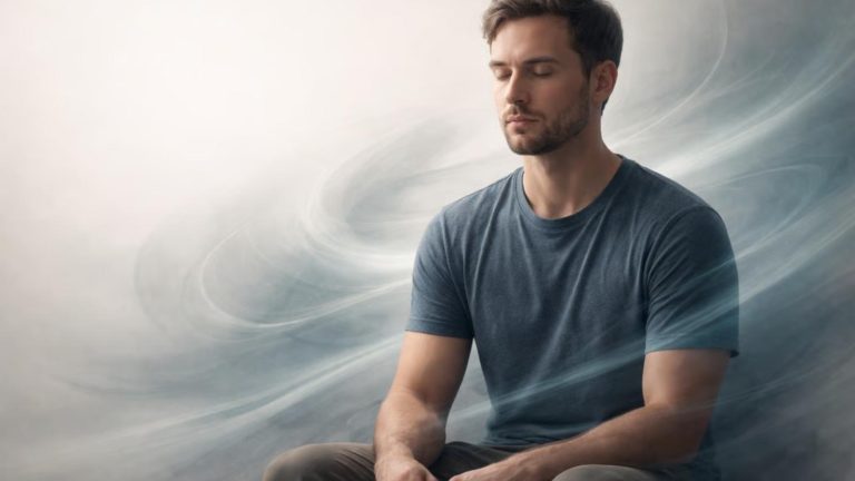 A calm, grounded illustration representing a panic attack as a nervous system response rather than danger, showing a person sitting quietly with subtle abstract motion around them.