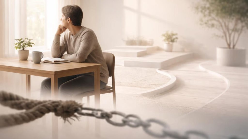 A calm, reflective person in a minimal space, symbolizing a psychology-based approach to weight loss that focuses on systems and habits rather than willpower or discipline.