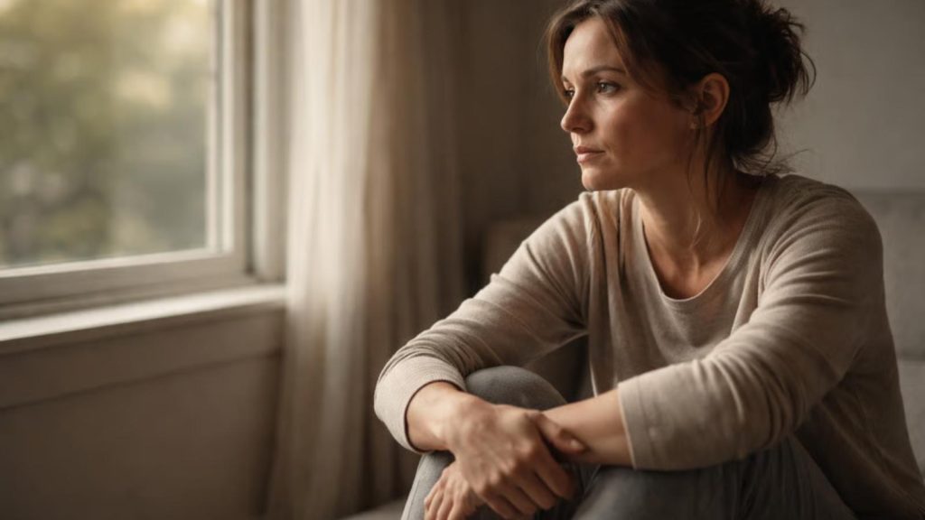 A calm person sitting safely indoors while experiencing subtle physical tension, illustrating how the body can trigger panic even when there is no real danger.