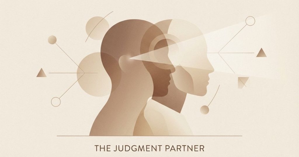Minimalist illustration showing a human silhouette collaborating with an AI counterpart, symbolizing using AI as a thinking partner while keeping personal judgment in control.